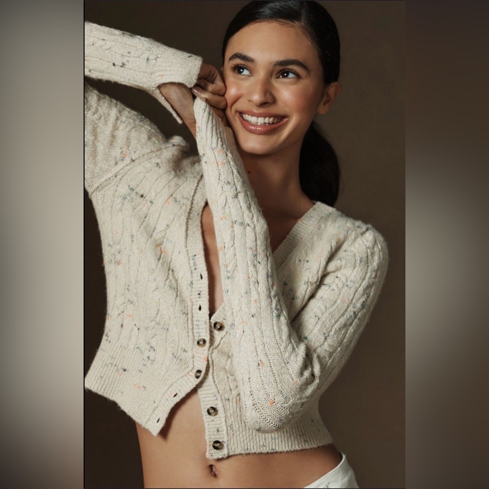 Pilcro‎ Diana Cropped Cable Knit Cardigan Cream Speckled Wool Blend Size XS/S